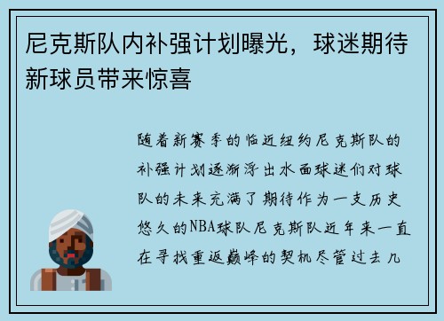 尼克斯队内补强计划曝光，球迷期待新球员带来惊喜